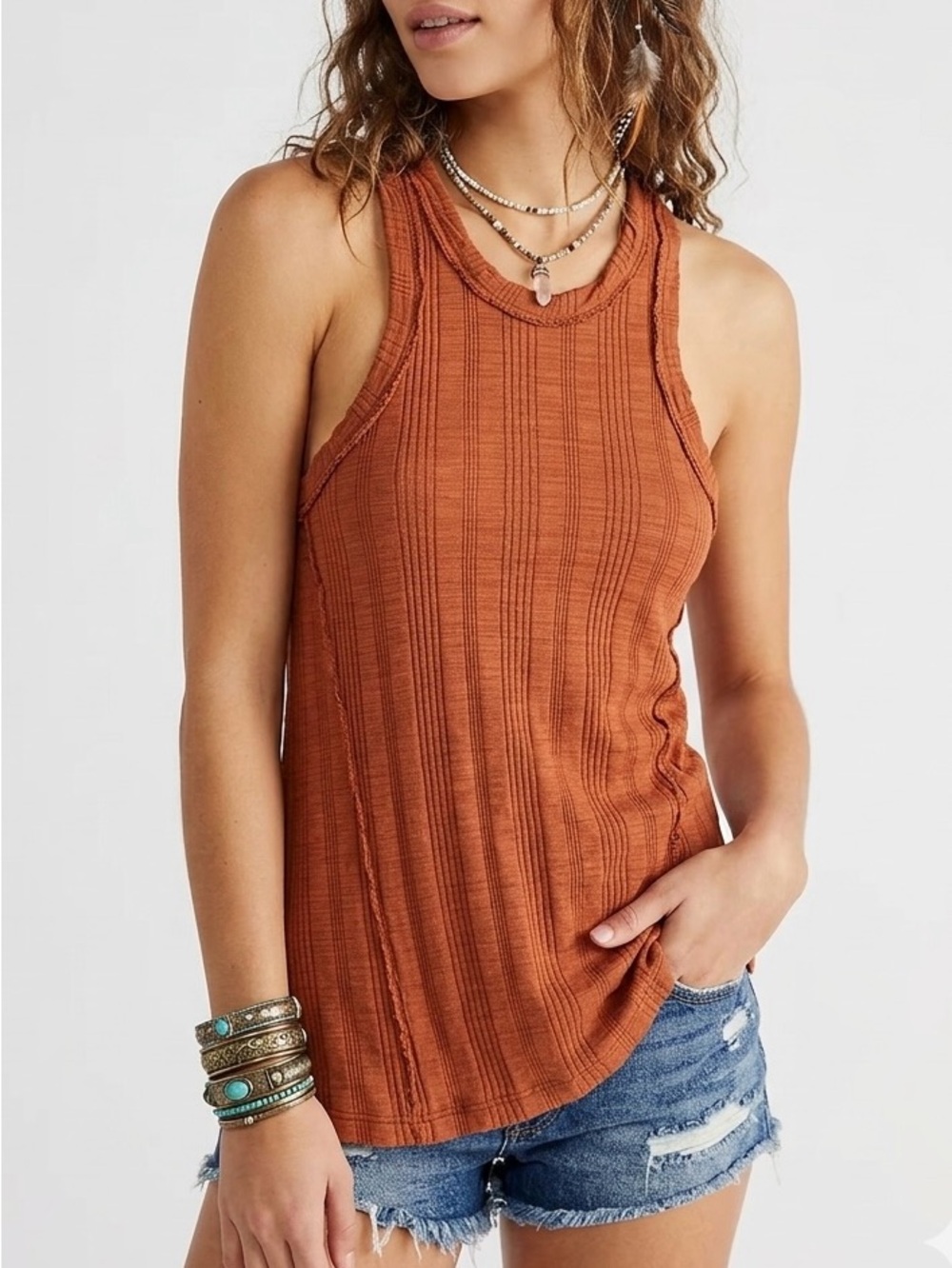 Anthropologie Pilcro Rust Ribbed Racerback Tank Top XS Boho Elevated Basics